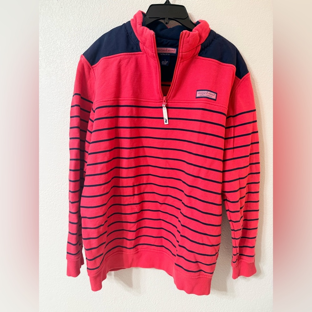 Vineyard Vines Sweatshirt Mens Large Coral Navy Striped Shep Shirt Quarter Zip
